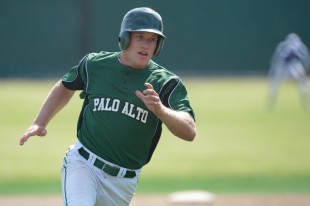 Shortstop Austin Braff rounds third base in Paly's playoff game against Lost Altos High School Tuesday.